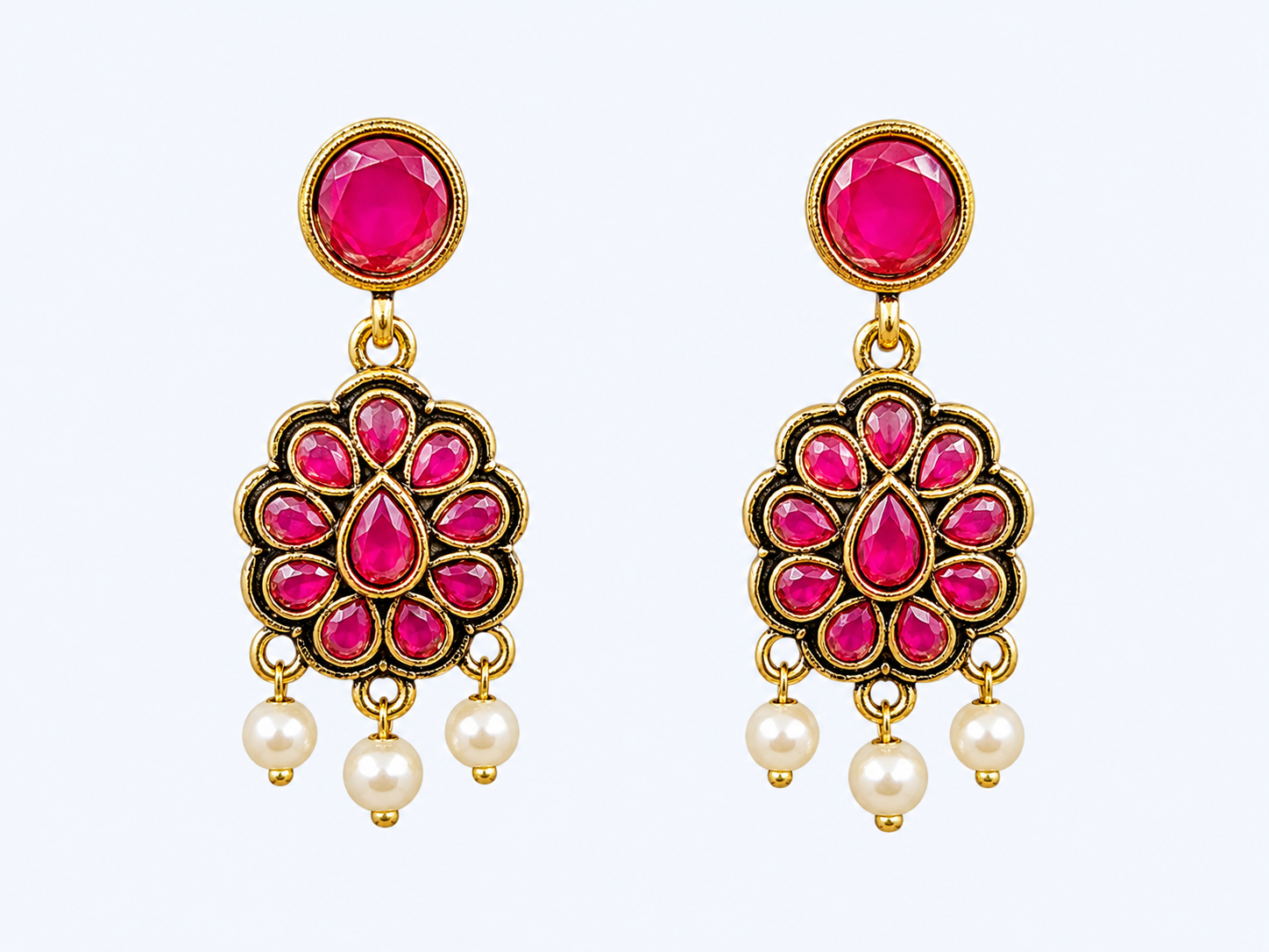 Elegant Gold Earrings with Pink Gemstones and Pearl Drops - Wholesale